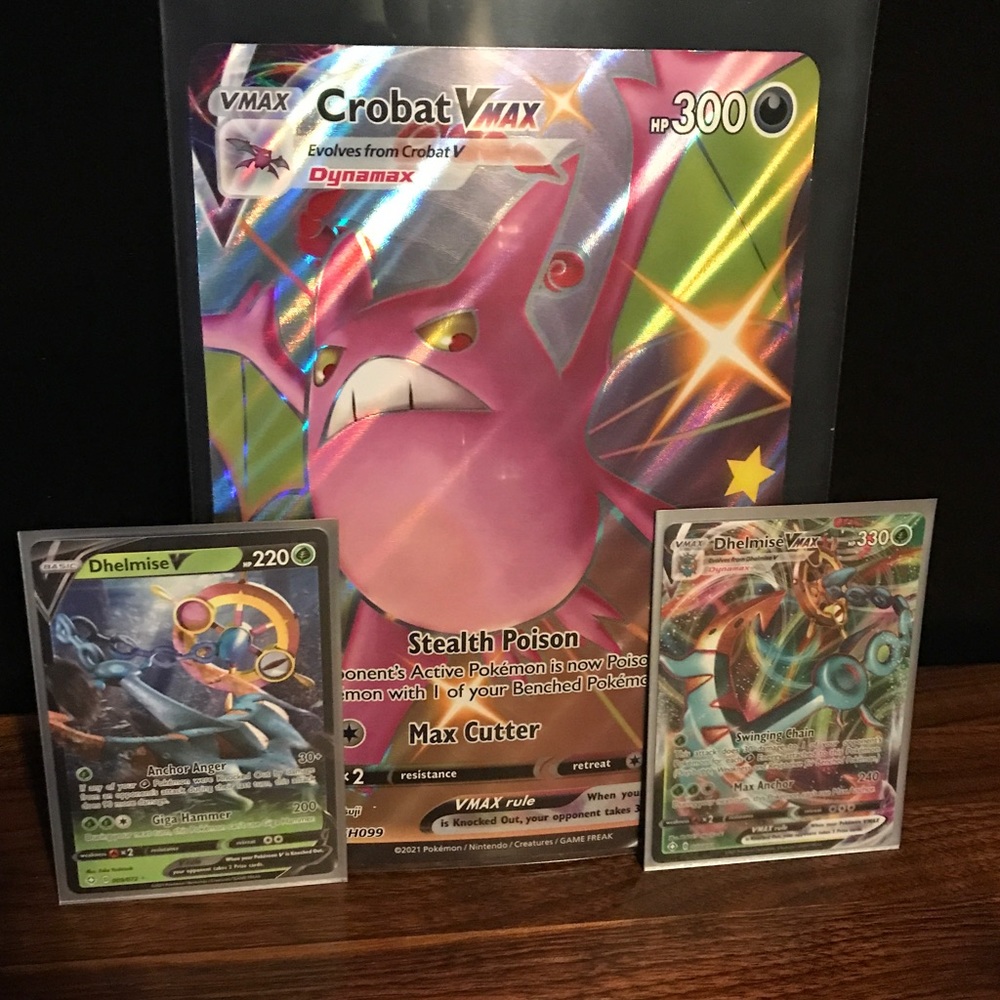 Shining fates Crobat over sized card and Dhelmise V and Vmax